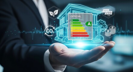 Businessman holding a glowing holographic house with energy efficiency rating A, symbolizing sustainable building and green technology.