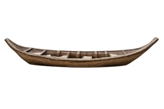 Wooden traditional fishing boat or carved canoe with a shallow hull, side view, on transparent background