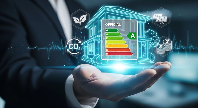 Businessman holding a glowing holographic house with energy efficiency rating A, symbolizing sustainable building and green technology. - Powered by Adobe