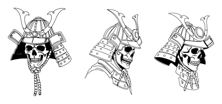 samurai skulls wearing traditional japanese armor helmets