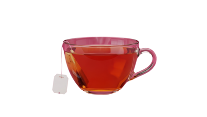 Transparent glass cup of hot tea with tea bag isolated on transparent background
