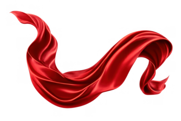Flowing red silk fabric creating luxurious elegant movement, soft smooth satin flying abstract wave, transparent background