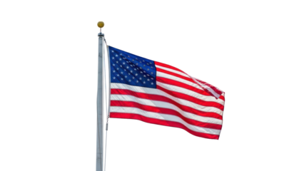 Waving American Flag on Pole Isolated on Transparent Background