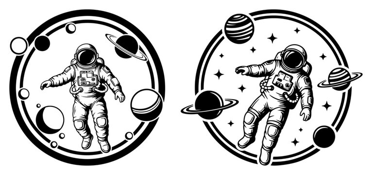 Astronaut floating in space with planets and stars in circular badge style