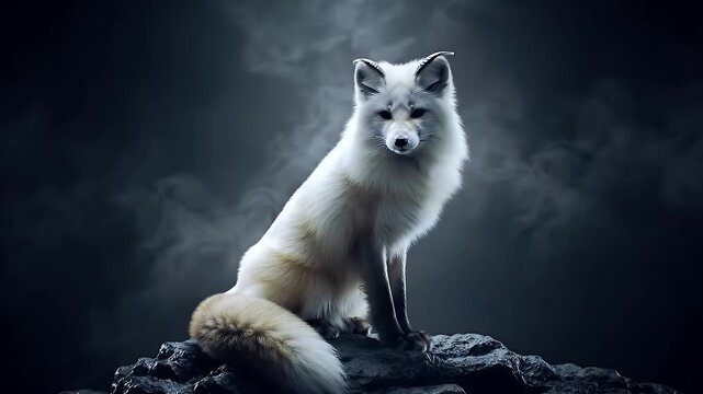 Majestic white arctic wolf dog perched nobly on rugged rocky outcrop under a stormy cloud-filled sky with dramatic dusk light