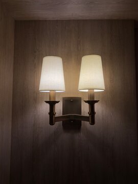 Modern Wall Sconce Lighting: Elegant double lamp fixture on a wall providing soft warm illumination in a dark interior.