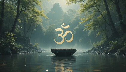Om symbol floating against nature background