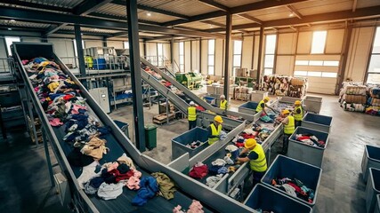 Clothing sorting facility with workers managing textile recycling conveyor belts and infrastructure for efficient industrial warehouse management - Powered by Adobe