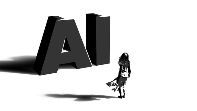 3d rendered image of a scene of a woman looking up at large block AI letters.