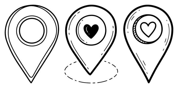 Set of hand drawn map pointer pins with heart symbols