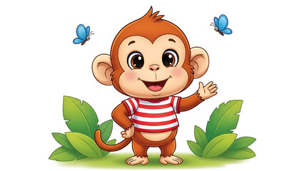 Adorable cartoon monkey standing on green leaves with butterflies.