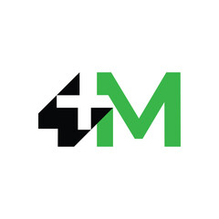 this is a flat logo design that depicts an initial letter M with a plus medical cross sign in green and black color on a white background