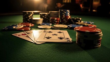 Poker game setup with cards and chips on green table.