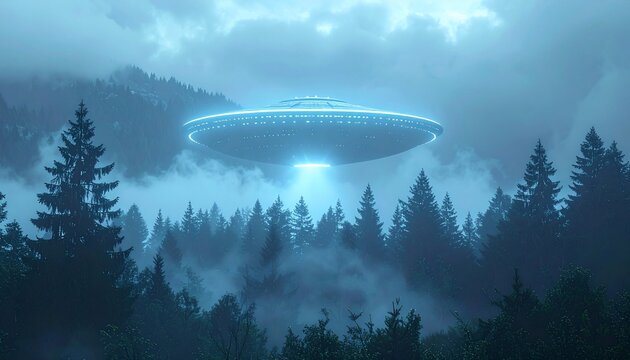 A glowing, disc-shaped craft hovers above a foggy forest; beams of light descend