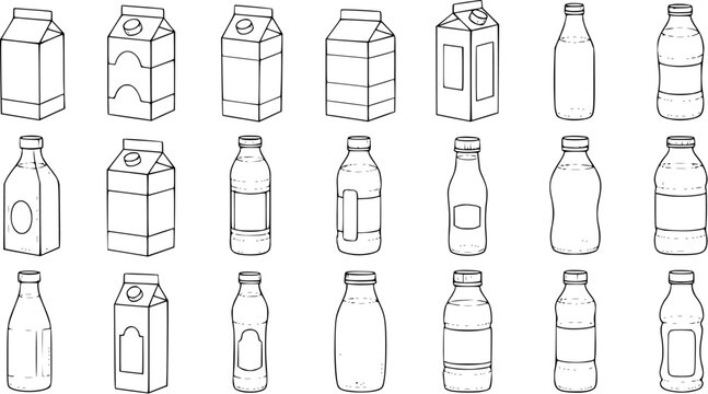 Milk Containers Line Art Set: Various Cartons and Bottles Vector Illustrations
