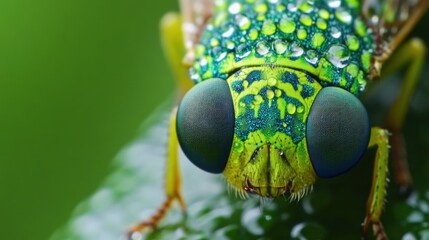 Close-up of vibrant green insect with water droplets