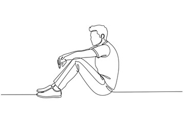 Obraz premium Single Continuous Line Drawing of a Pensive Man Sitting on the Floor in a Thoughtful Pose