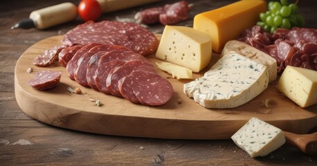 Worn stone background with a wooden chopping board and a collection of artisanal cheeses and charcuterie ,  artisanal foods,  cheese platter, wooden cutting boards