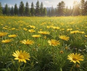 Obraz premium Yellow wild daisies in a lush meadow on a bright sunny day, nature scene , field, serene landscape