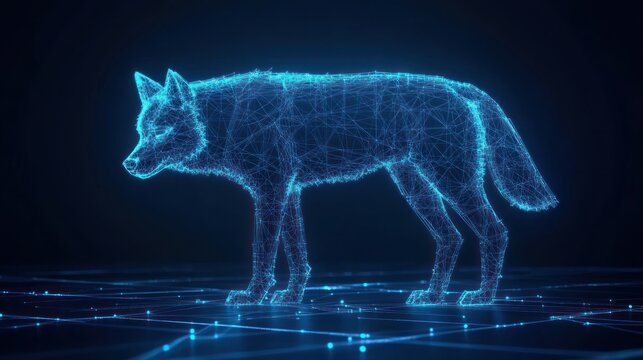 Digital wolf silhouette, glowing blue lines