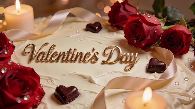 A breathtakingly romantic Valentine's Day background featuring the text Valentine's Day written in elegant, three-dimensional gold script typography resting on a luxurious, textured cream surface. 