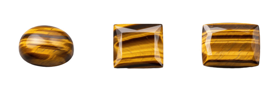 Tiger&rsquo;s Eye Gemstone Macro Isolated on White Background, Golden-Brown Chatoyant Crystal, Vyaghra Netra व्याघ्र नेत्र, Precious Stone Mineral for Jewelry and Decorative Objects