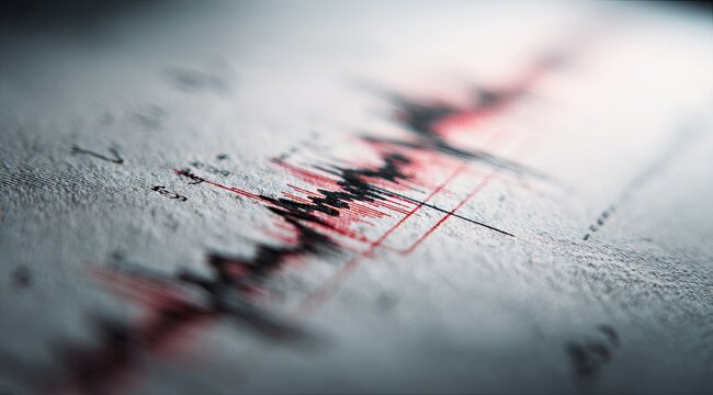 Seismic record Black & red line traces a graph on textured paper close-up