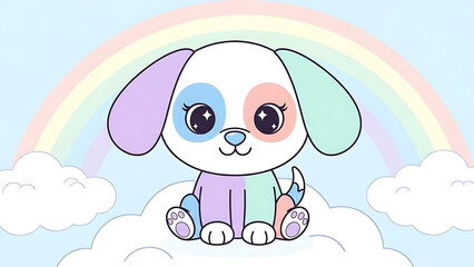 Adorable cartoon puppy sitting on a cloud with a rainbow.