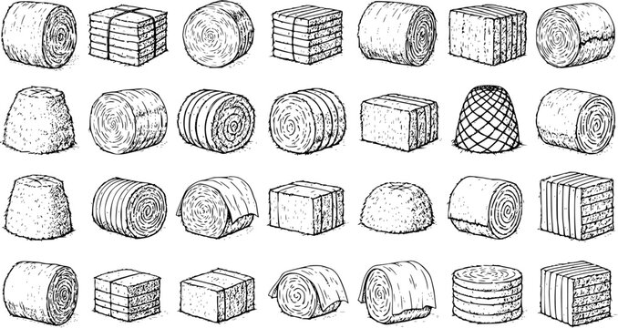 Set of various hand-drawn hay bales and stacks, showcasing different forms of harvested dry grass for agriculture and farming, in a black and white line art style.