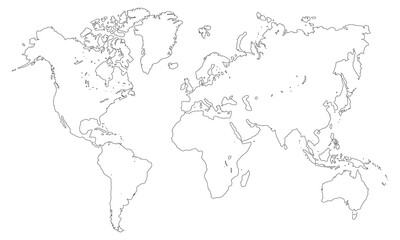 World map outline with no details, showing continents and oceans in a simple black and white style used for educational purposes and art