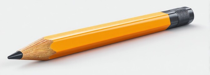 Short, yellow pencil with graphite tip and eraser on a white surface