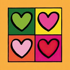 Square composition of four colorful heart shapes with black outlines