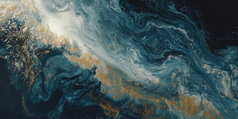 Abstract Gold, white, and blue fluid art with swirling, marbled patterns