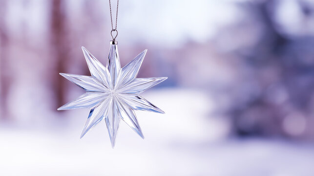 Frozen glass star ornament spinning gently in delicate motion, reflecting light beautifully against a soft blurred winter background, evoking a serene holiday atmosphere - Powered by Adobe