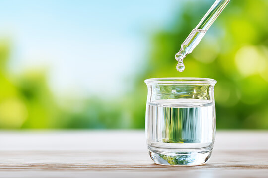 Glass dropper releasing liquid into a clear container, symbolizing homeopathy and microdosing concepts, with a blurred green background enhancing the natural essence