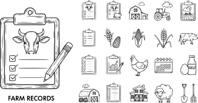 Hand Drawn Farm and Agriculture Icons Set with Farm Records, Livestock, Crops, Barns, and Tools in Doodle Style