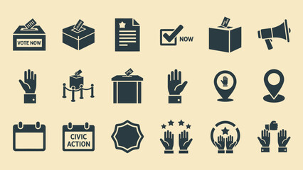 A collection of flat design icons representing voting, elections, civic engagement, and democratic processes on a light background.