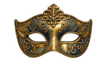 Venetian masquerade mask with ornate gold and blue design for carnival celebration, party, and mystery themes