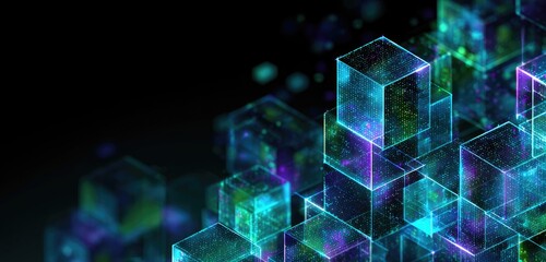 Luminescent cubes stacked diagonally against a dark background