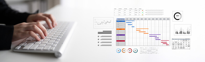 A project management dashboard for business. The interface features a Gantt chart to visualize the...