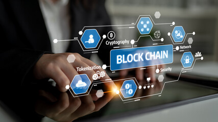 This image presents a futuristic concept of blockchain technology displayed on a tablet, showcasing elements like cryptography, security, and digital network analysis. Tessel