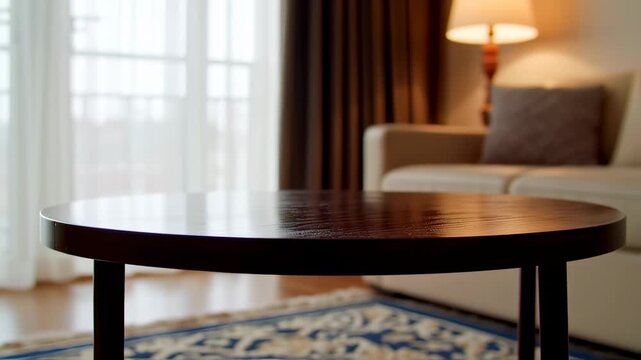 Close-up of a dark, round wooden table, with a blurred interior background featuring a window and sofa