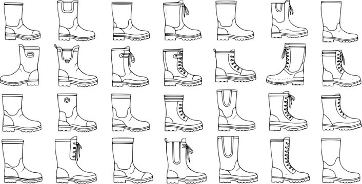 Detailed vector line art collection of various boot styles. Set of 30 different outline illustrations including rain boots, work boots, and fashion boots for footwear design.