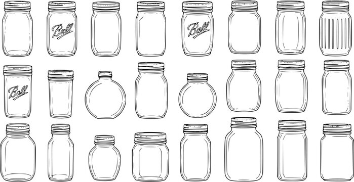 Detailed hand-drawn collection of various glass jars, including Ball mason jars and canning containers, in different shapes and sizes. Black and white line art sketch set of empty vintage jars.