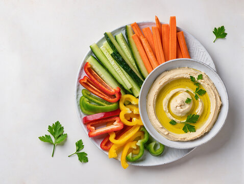 vegetables on a plate with humus