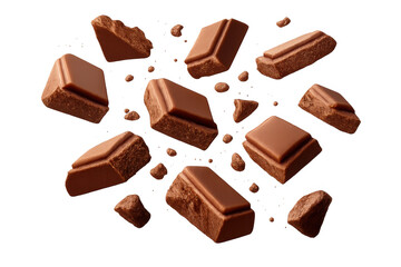 Fototapeta premium Chocolate pieces flying, crumbling, and falling, creating a delicious explosion of milk chocolate chunks and crumbs on transparent background