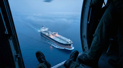 Aerial view of an oil tanker ship from an open helicopter door at twilight. Military soldier legs and boots hanging over the ocean. Maritime surveillance and logistics concept