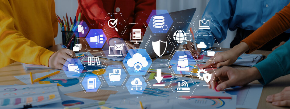 Concept design of managing online documents with cloud storage, digital file management, and secure sharing. Online documents improve workflow, online documents enhance security. Entice