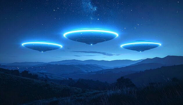 Three glowing, disc-shaped objects hover over rolling hills under a starry night sky