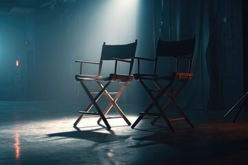 Two director's chairs in a smoky, shadowed space, lit by a bright spotlight